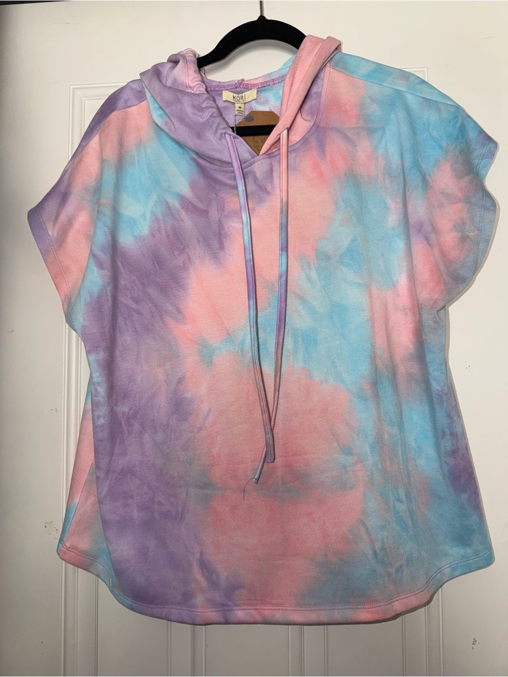 NWT Kori America boutique Pastel Tie-Dye Hooded Short Sleeve Top size Medium M